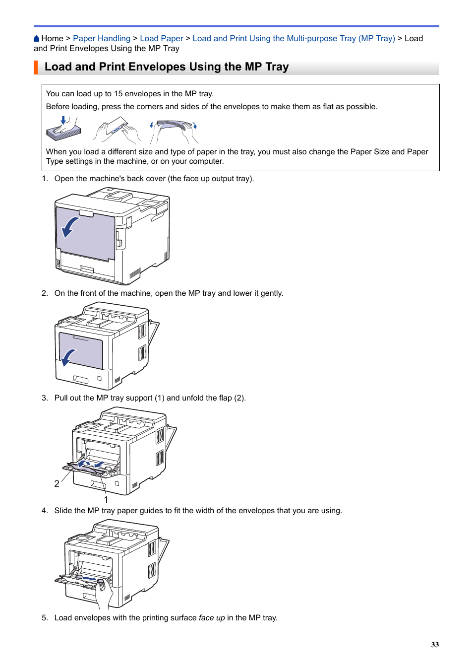 Load and print envelopes using the mp tray | Brother HLL9410CDN Enterprise Color Laser Printer User Manual | Page 38 / 334