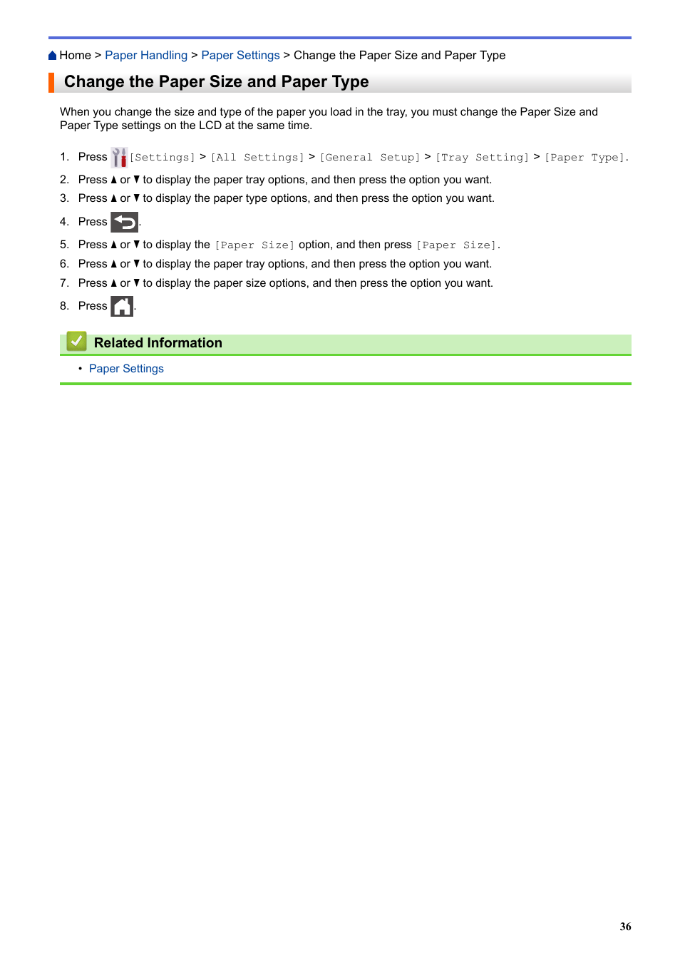 Change the paper size and paper type | Brother HLL9410CDN Enterprise Color Laser Printer User Manual | Page 41 / 334