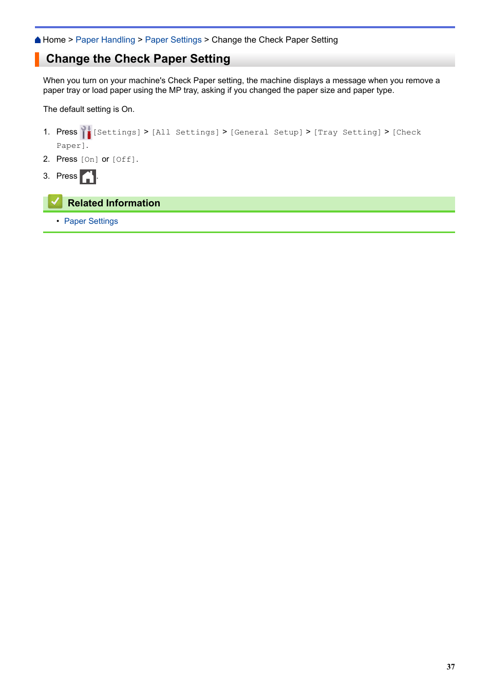 Change the check paper setting | Brother HLL9410CDN Enterprise Color Laser Printer User Manual | Page 42 / 334