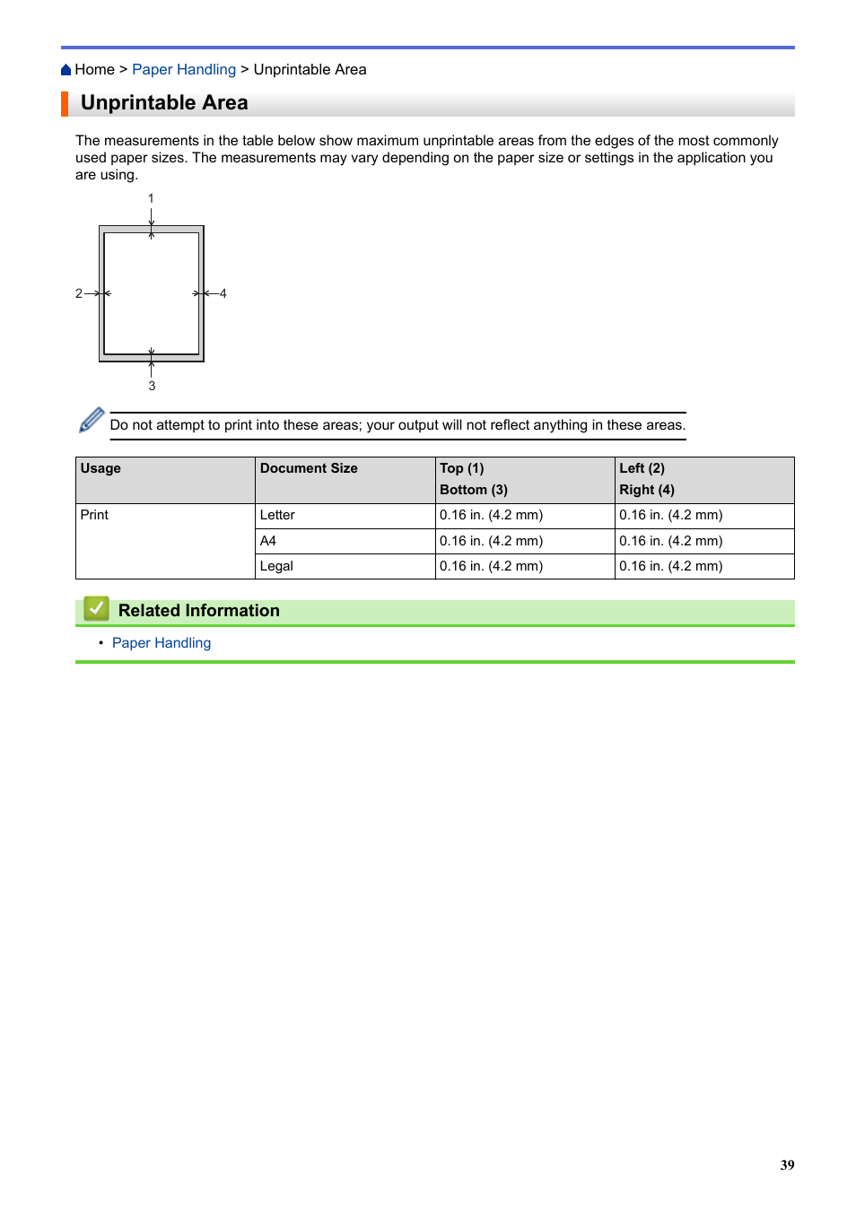 Unprintable area | Brother HLL9410CDN Enterprise Color Laser Printer User Manual | Page 44 / 334