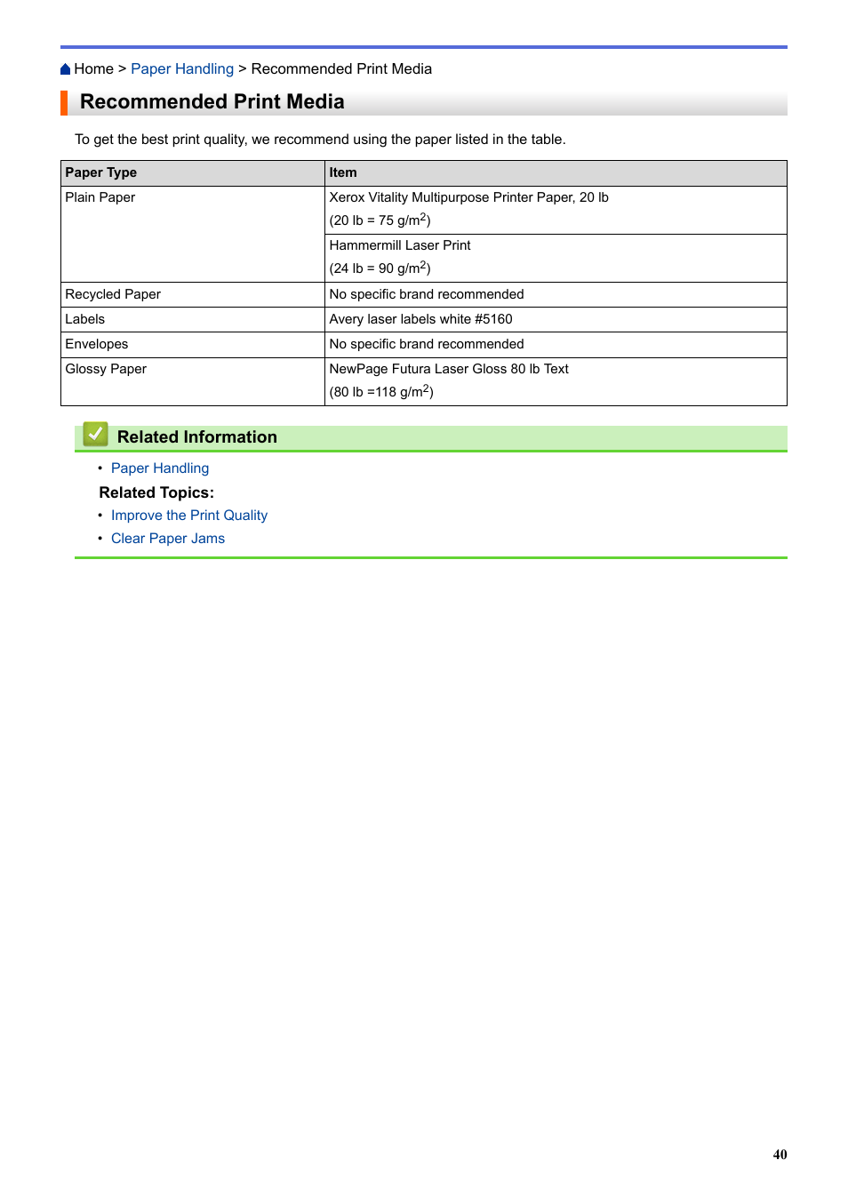 Recommended print media, Related information | Brother HLL9410CDN Enterprise Color Laser Printer User Manual | Page 45 / 334