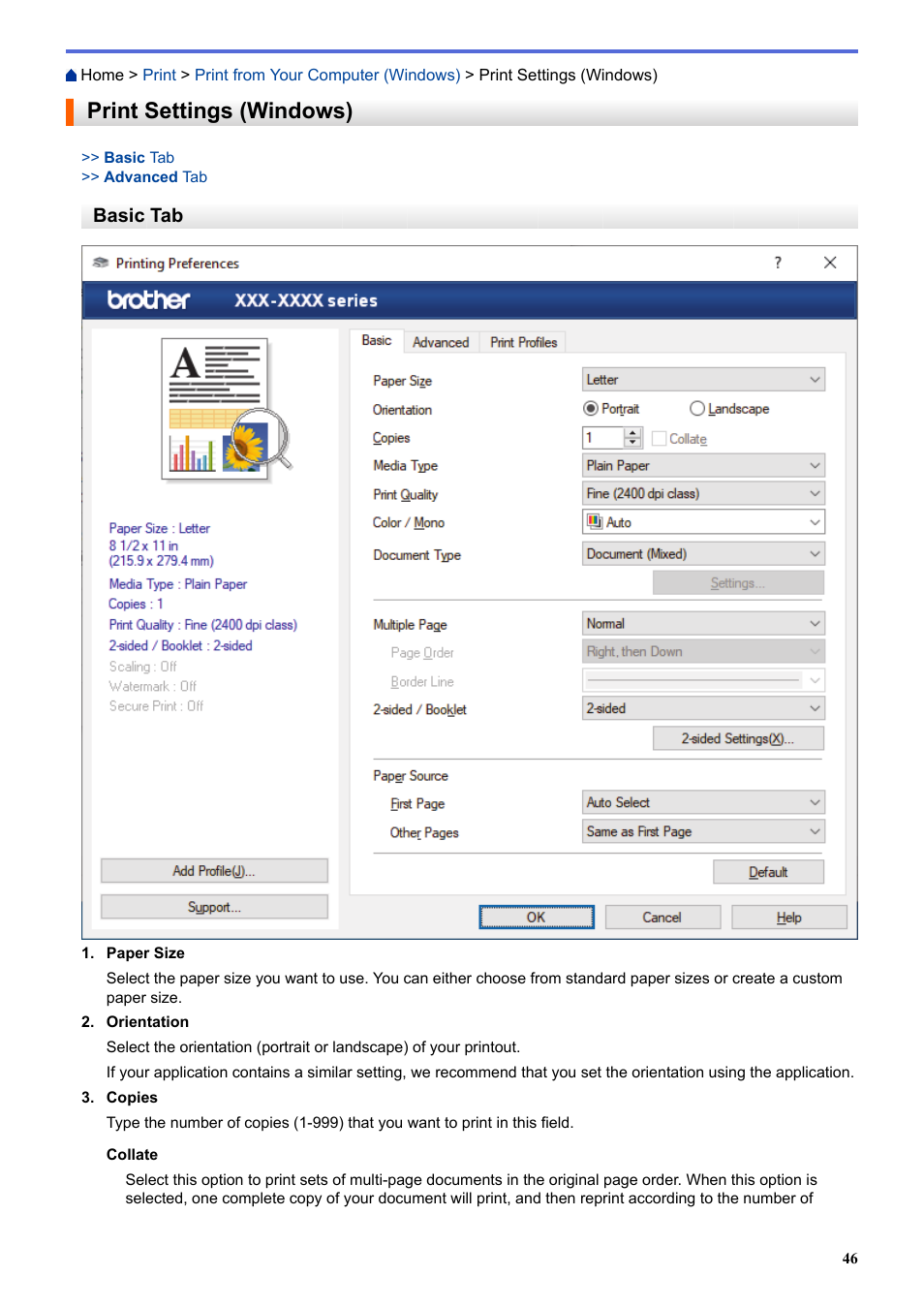 Print settings (windows), Basic tab | Brother HLL9410CDN Enterprise Color Laser Printer User Manual | Page 51 / 334