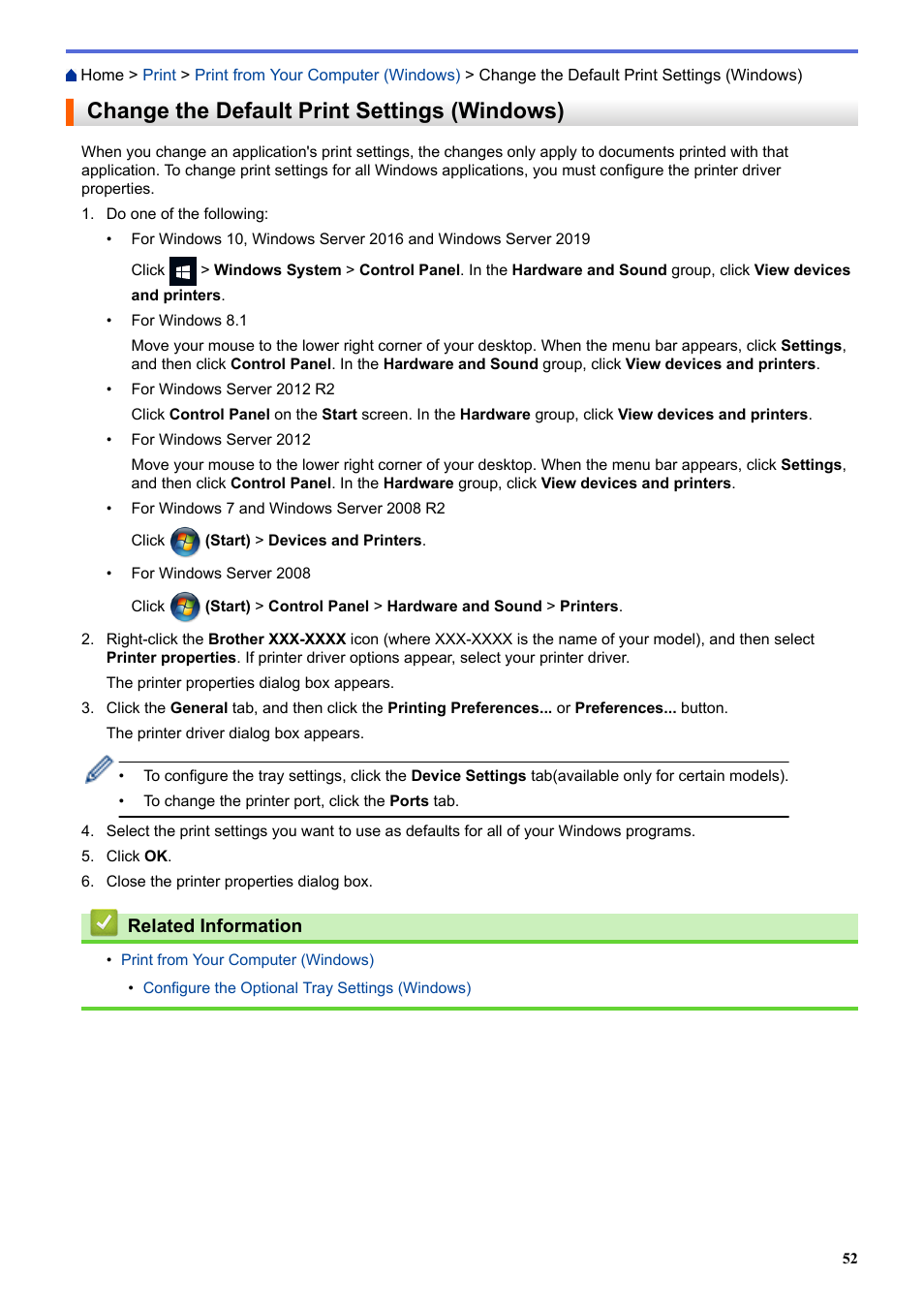 Change the default print settings (windows) | Brother HLL9410CDN Enterprise Color Laser Printer User Manual | Page 57 / 334