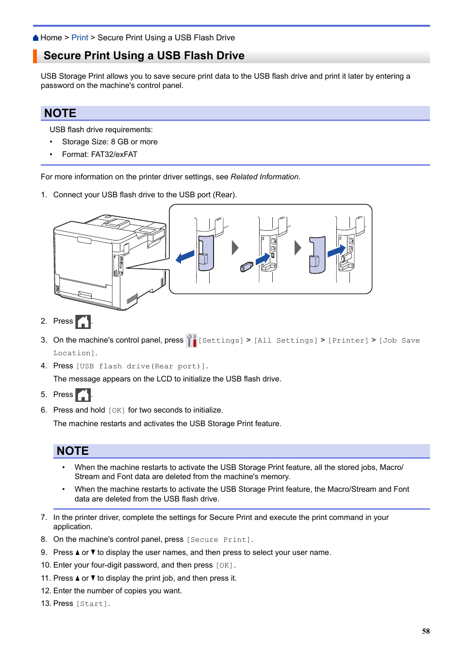 Secure print using a usb flash drive | Brother HLL9410CDN Enterprise Color Laser Printer User Manual | Page 63 / 334