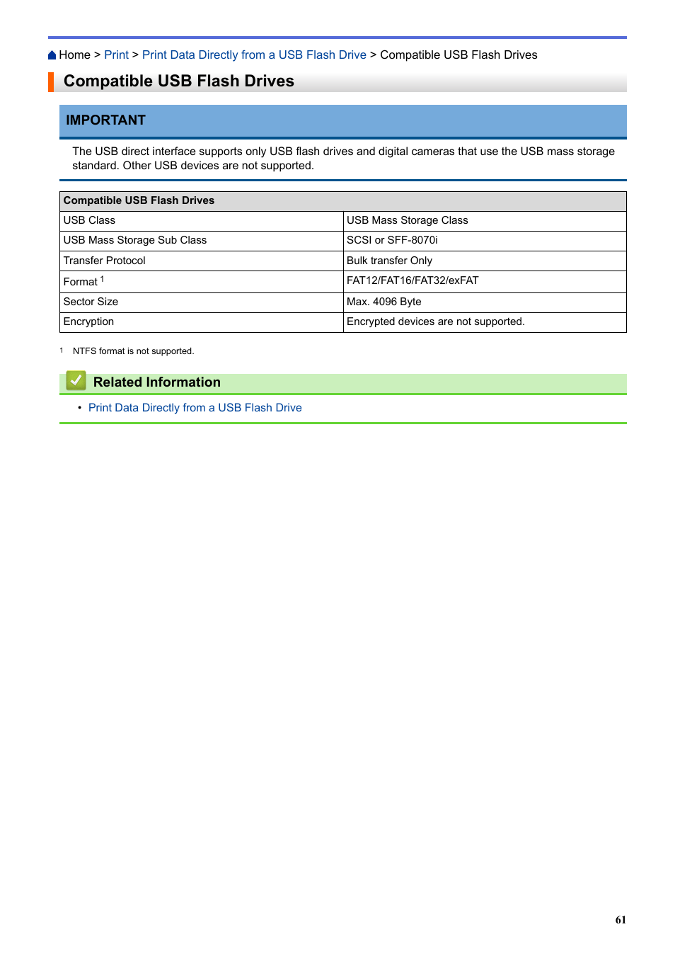 Compatible usb flash drives, Important, Related information | Brother HLL9410CDN Enterprise Color Laser Printer User Manual | Page 66 / 334