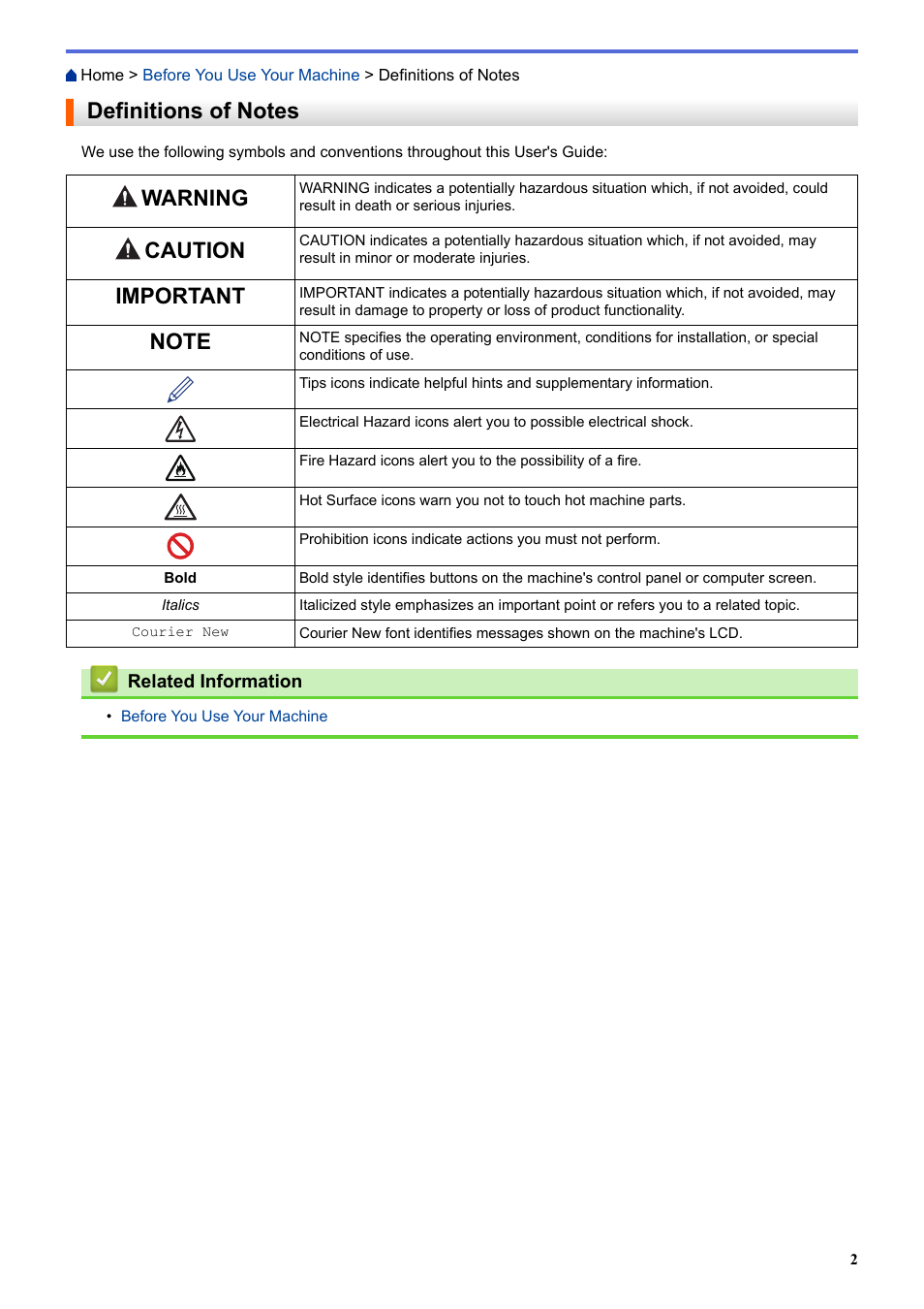 Definitions of notes, Warning, Caution | Important | Brother HLL9410CDN Enterprise Color Laser Printer User Manual | Page 7 / 334