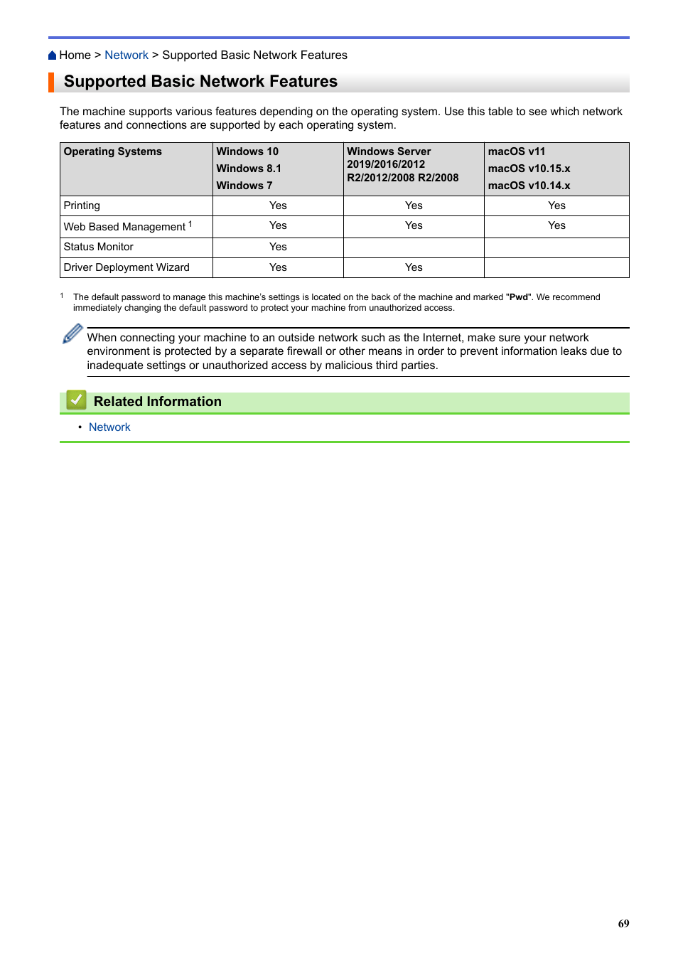 Supported basic network features, Related information | Brother HLL9410CDN Enterprise Color Laser Printer User Manual | Page 74 / 334