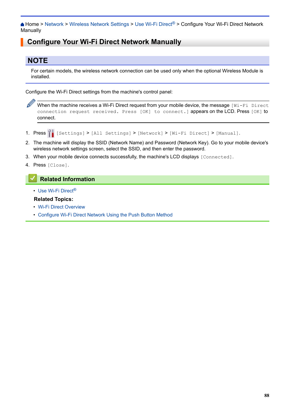 Configure your wi-fi direct network manually | Brother HLL9410CDN Enterprise Color Laser Printer User Manual | Page 93 / 334