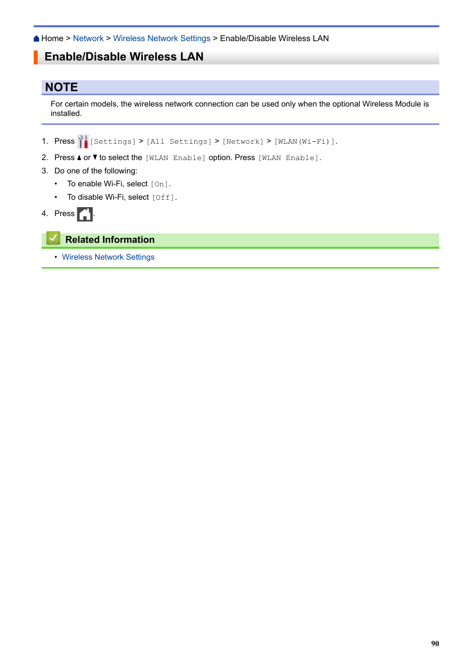 Enable/disable wireless lan | Brother HLL9410CDN Enterprise Color Laser Printer User Manual | Page 95 / 334