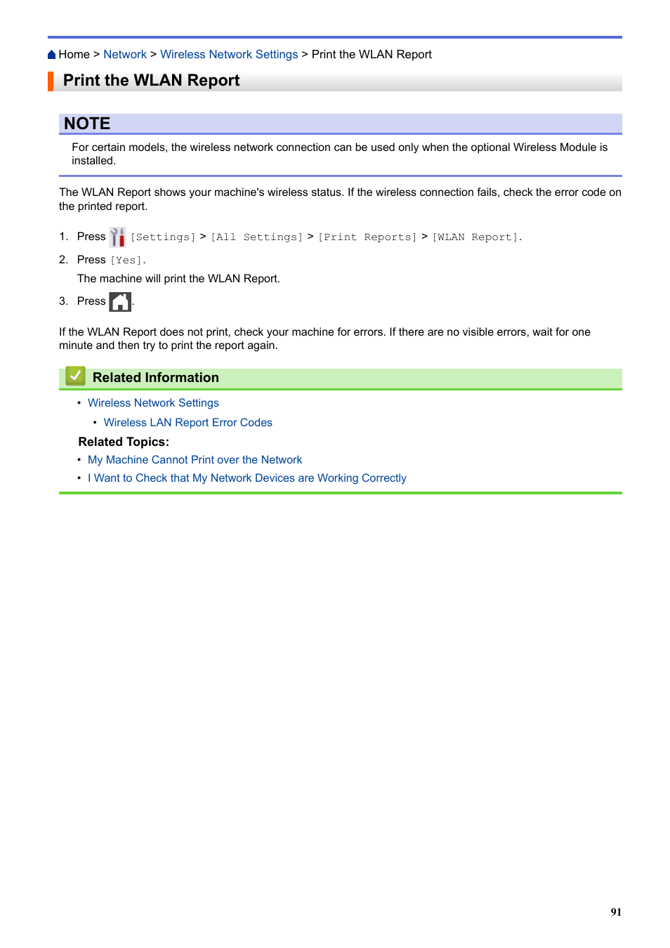 Print the wlan report | Brother HLL9410CDN Enterprise Color Laser Printer User Manual | Page 96 / 334