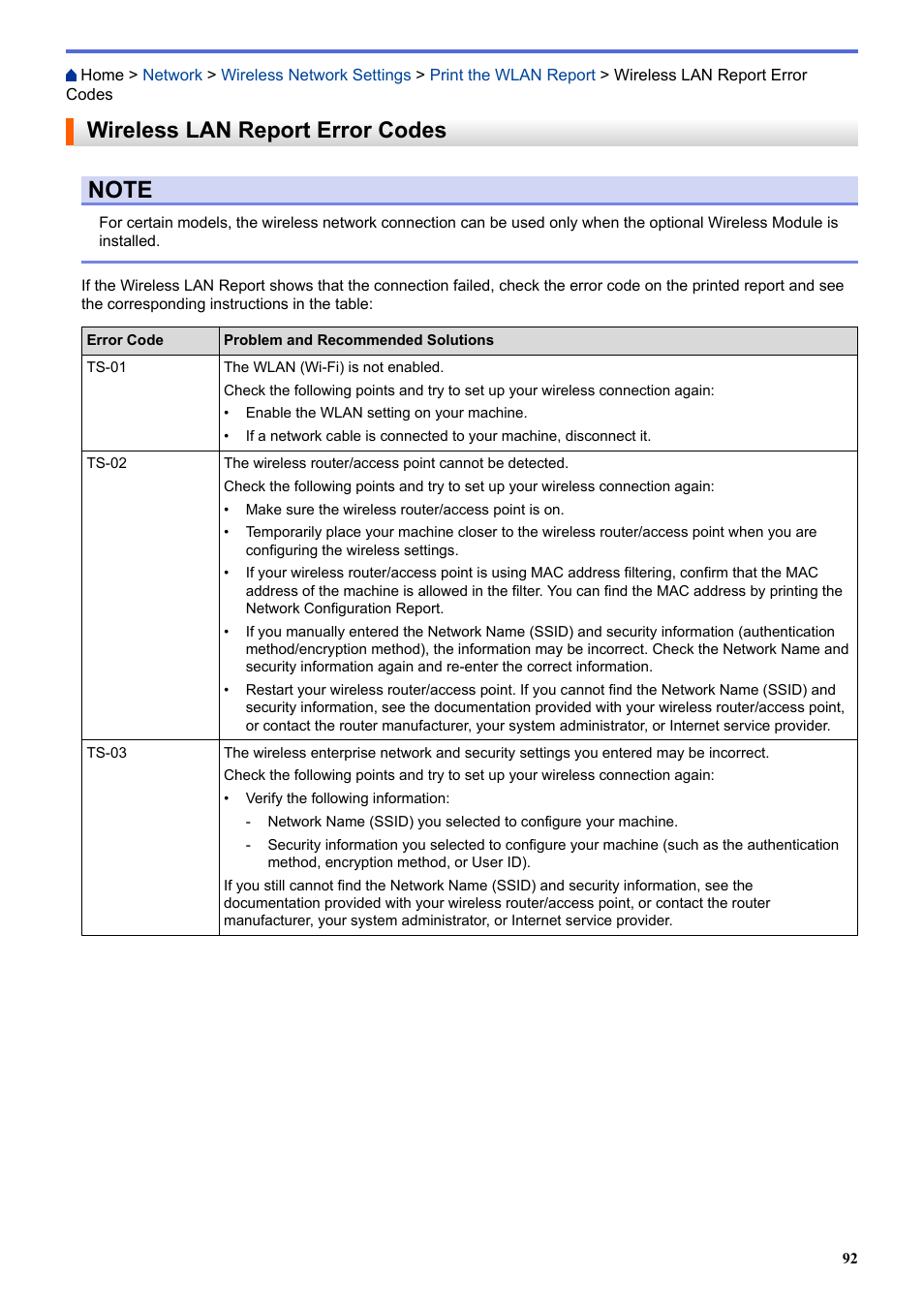 Wireless lan report error codes | Brother HLL9410CDN Enterprise Color Laser Printer User Manual | Page 97 / 334