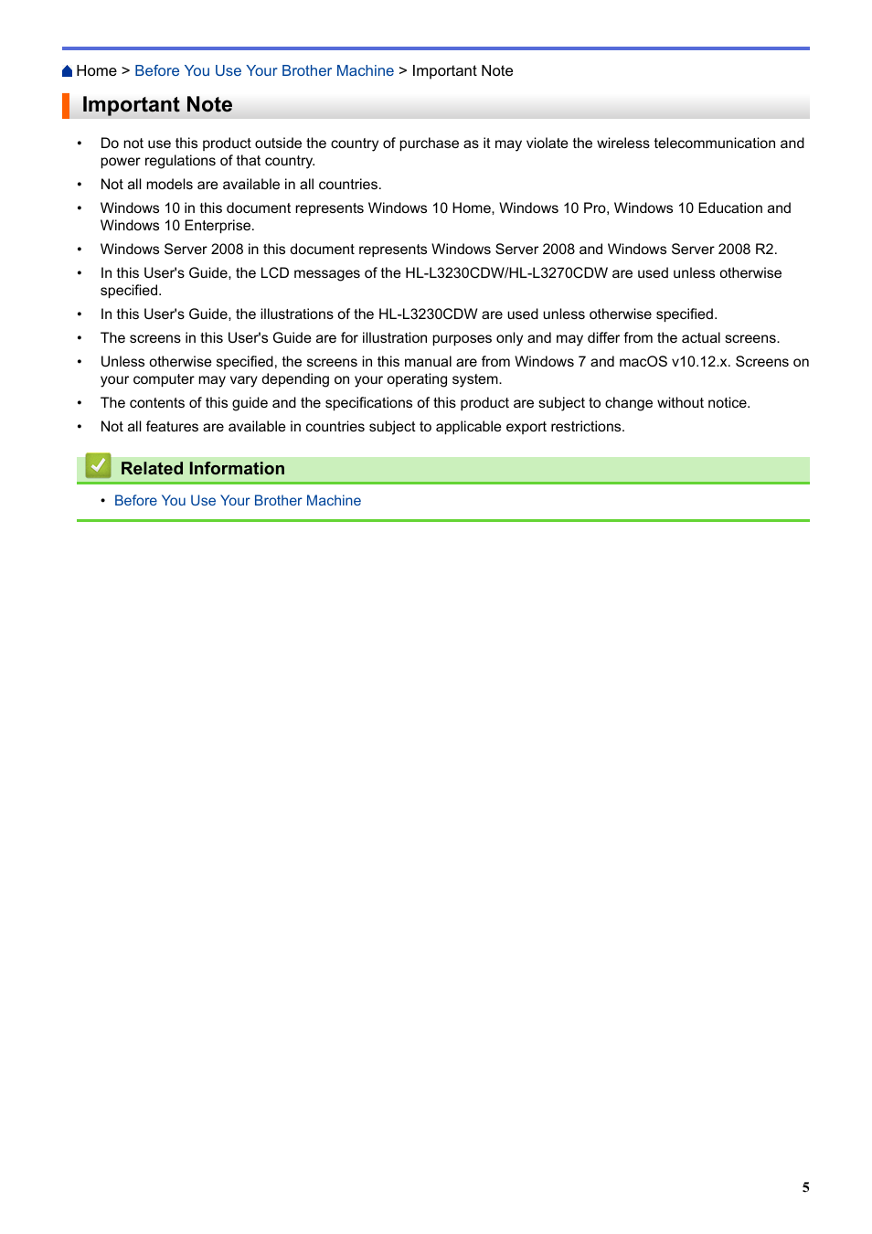 Important note | Brother HL-L3230CDW Wireless Compact Printer User Manual | Page 10 / 357