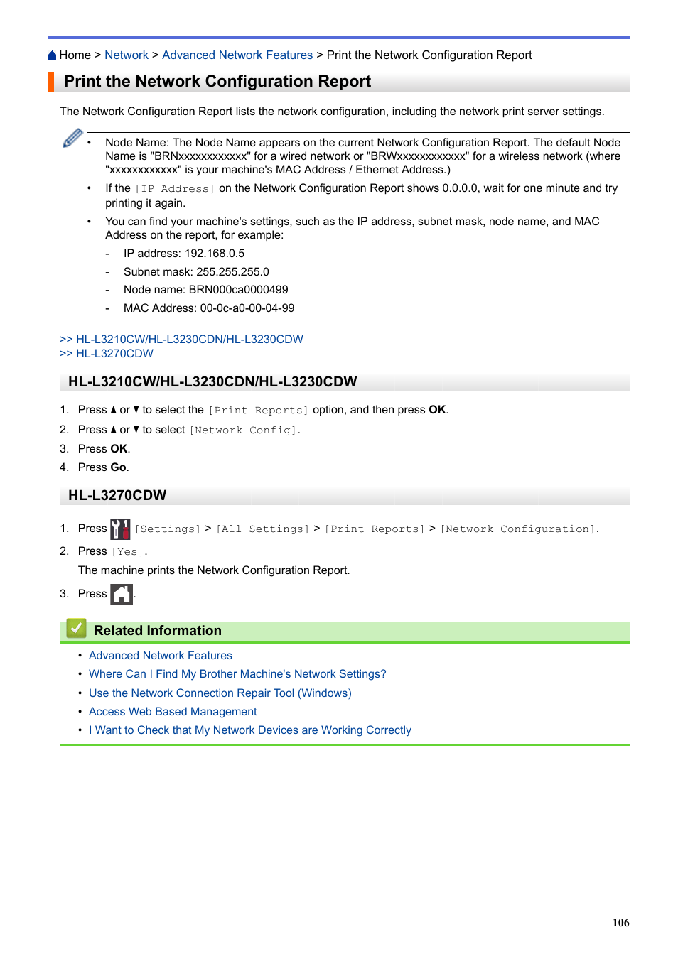 Print the network configuration report, Hl-l3270cdw | Brother HL-L3230CDW Wireless Compact Printer User Manual | Page 111 / 357