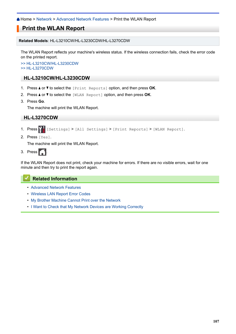 Print the wlan report, Hl-l3270cdw | Brother HL-L3230CDW Wireless Compact Printer User Manual | Page 112 / 357