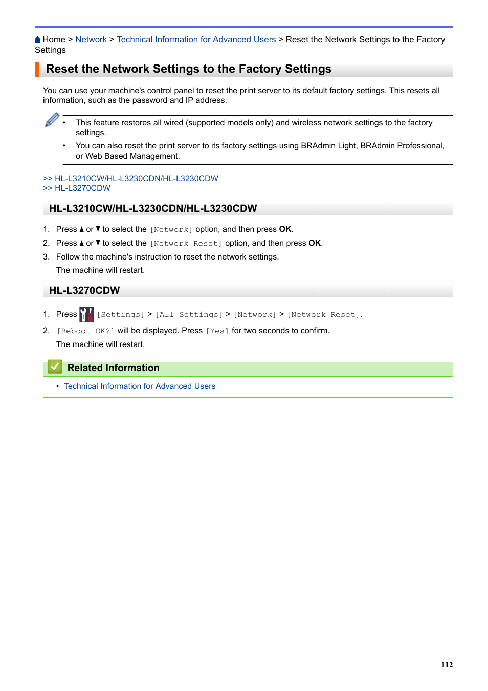 Reset the network settings to the factory settings, Hl-l3270cdw | Brother HL-L3230CDW Wireless Compact Printer User Manual | Page 117 / 357