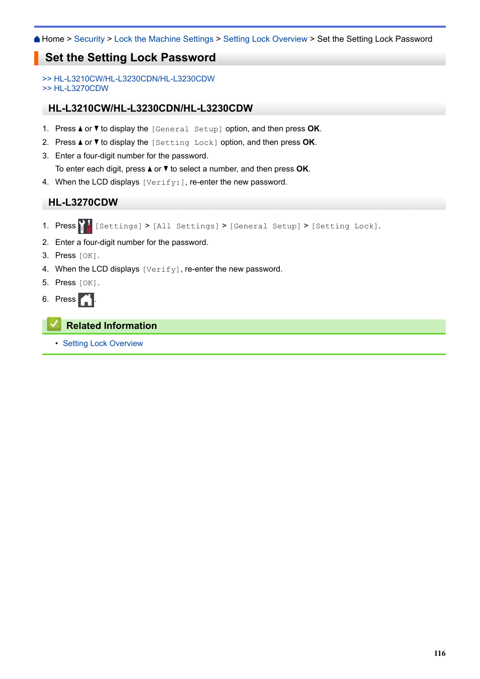 Set the setting lock password, Hl-l3270cdw | Brother HL-L3230CDW Wireless Compact Printer User Manual | Page 121 / 357