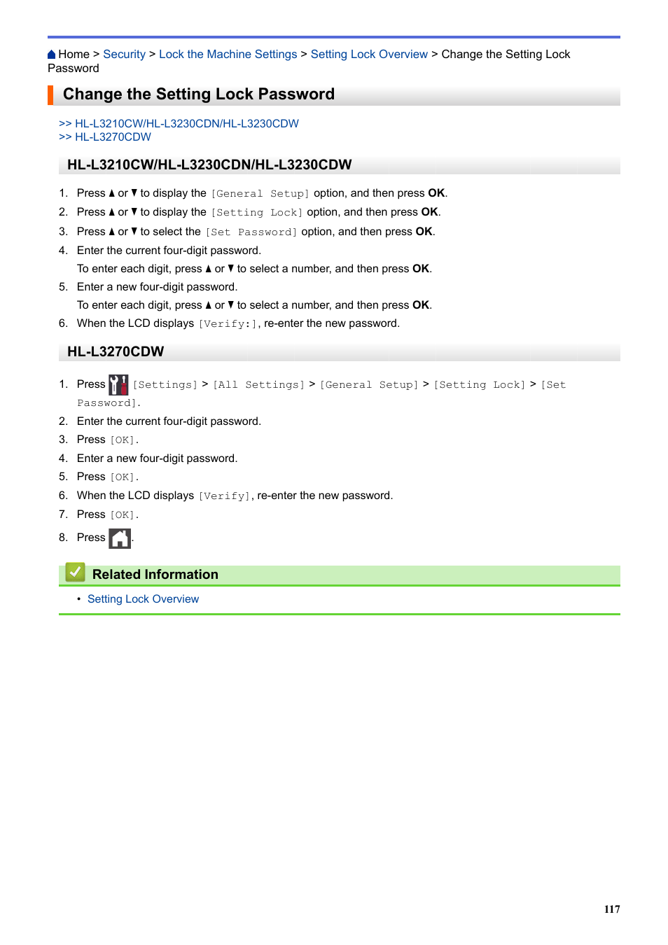 Change the setting lock password, Hl-l3270cdw | Brother HL-L3230CDW Wireless Compact Printer User Manual | Page 122 / 357