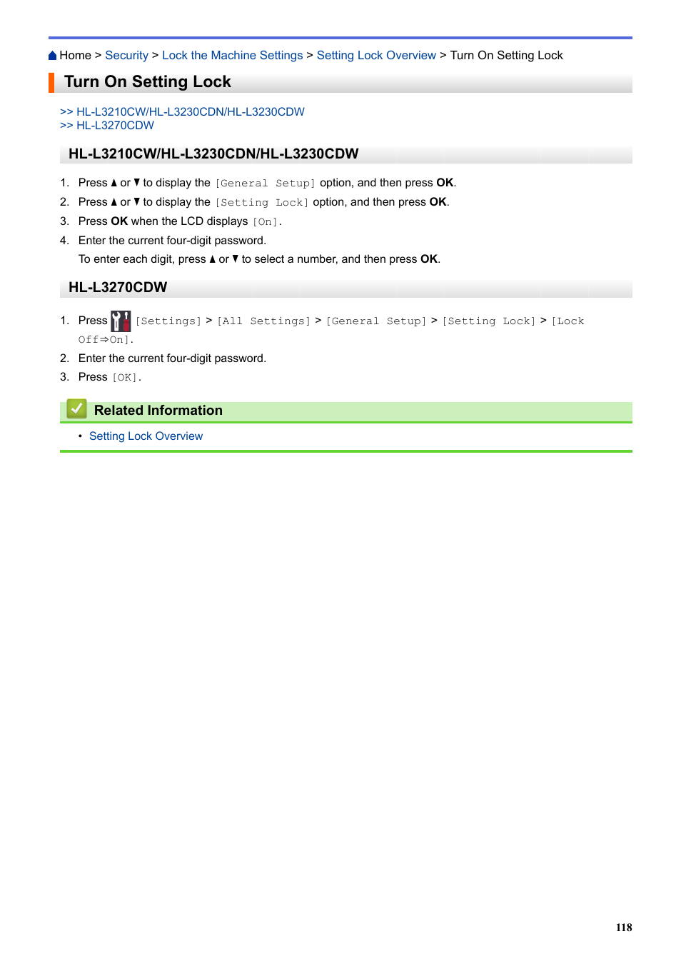 Turn on setting lock, Hl-l3270cdw | Brother HL-L3230CDW Wireless Compact Printer User Manual | Page 123 / 357