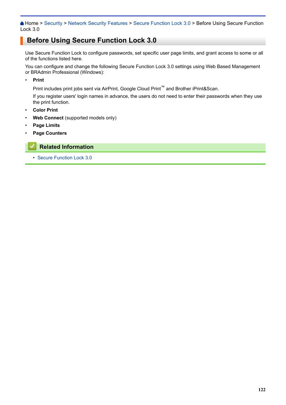 Before using secure function lock 3.0 | Brother HL-L3230CDW Wireless Compact Printer User Manual | Page 127 / 357