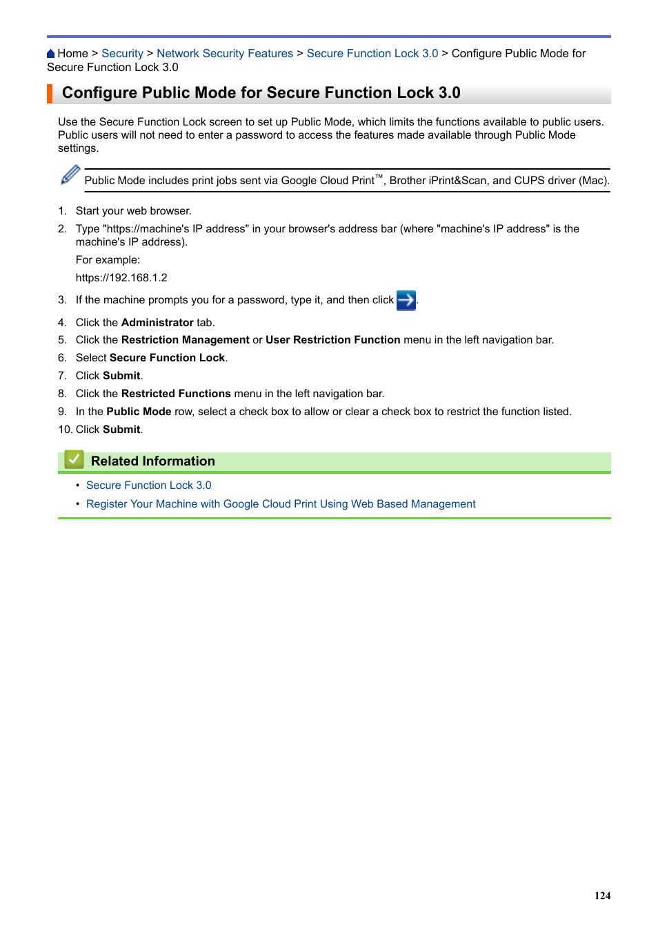 Configure public mode for secure function lock 3.0 | Brother HL-L3230CDW Wireless Compact Printer User Manual | Page 129 / 357