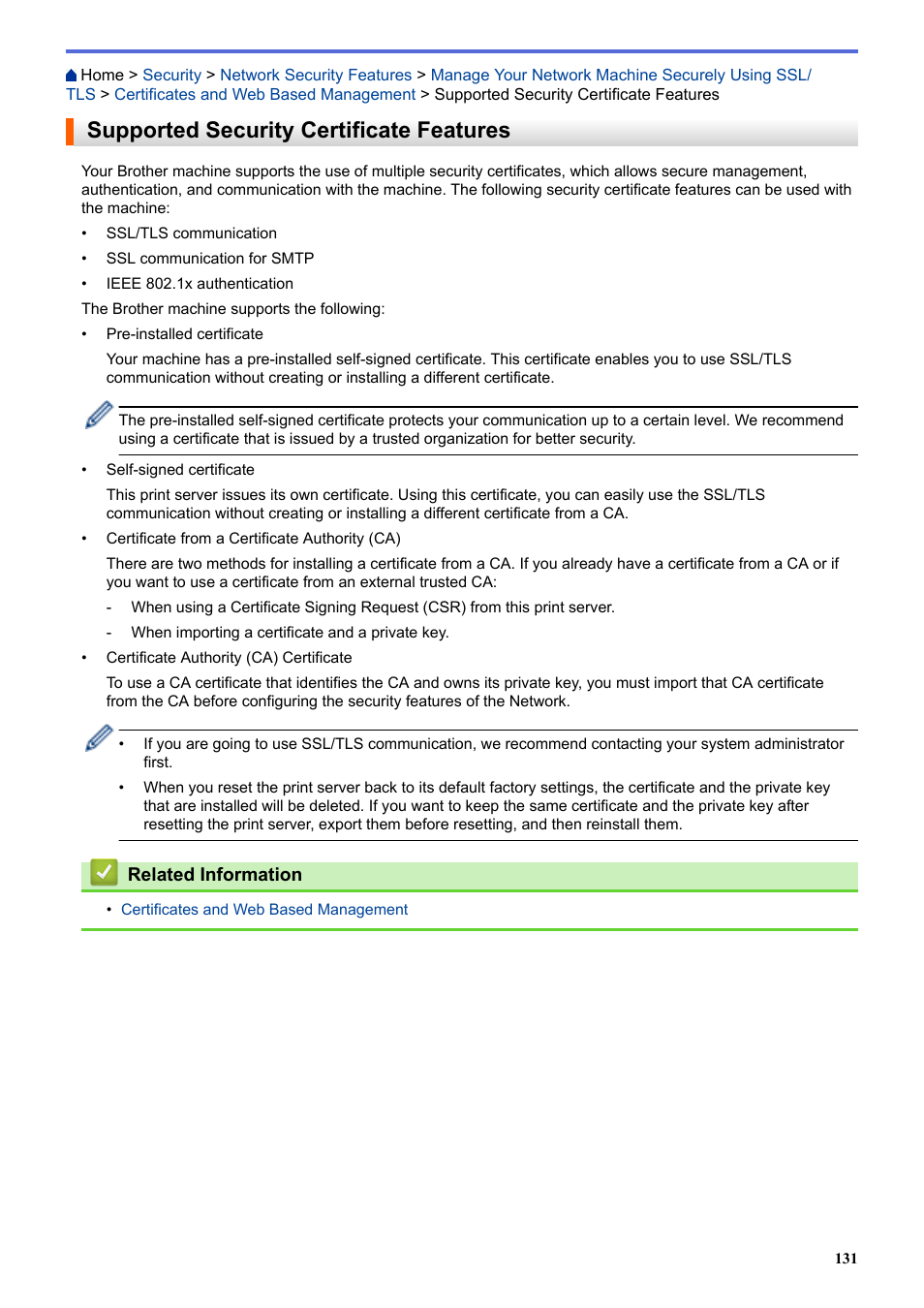 Supported security certificate features | Brother HL-L3230CDW Wireless Compact Printer User Manual | Page 136 / 357