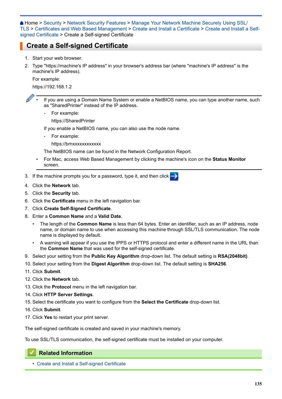 Create a self-signed certificate | Brother HL-L3230CDW Wireless Compact Printer User Manual | Page 140 / 357