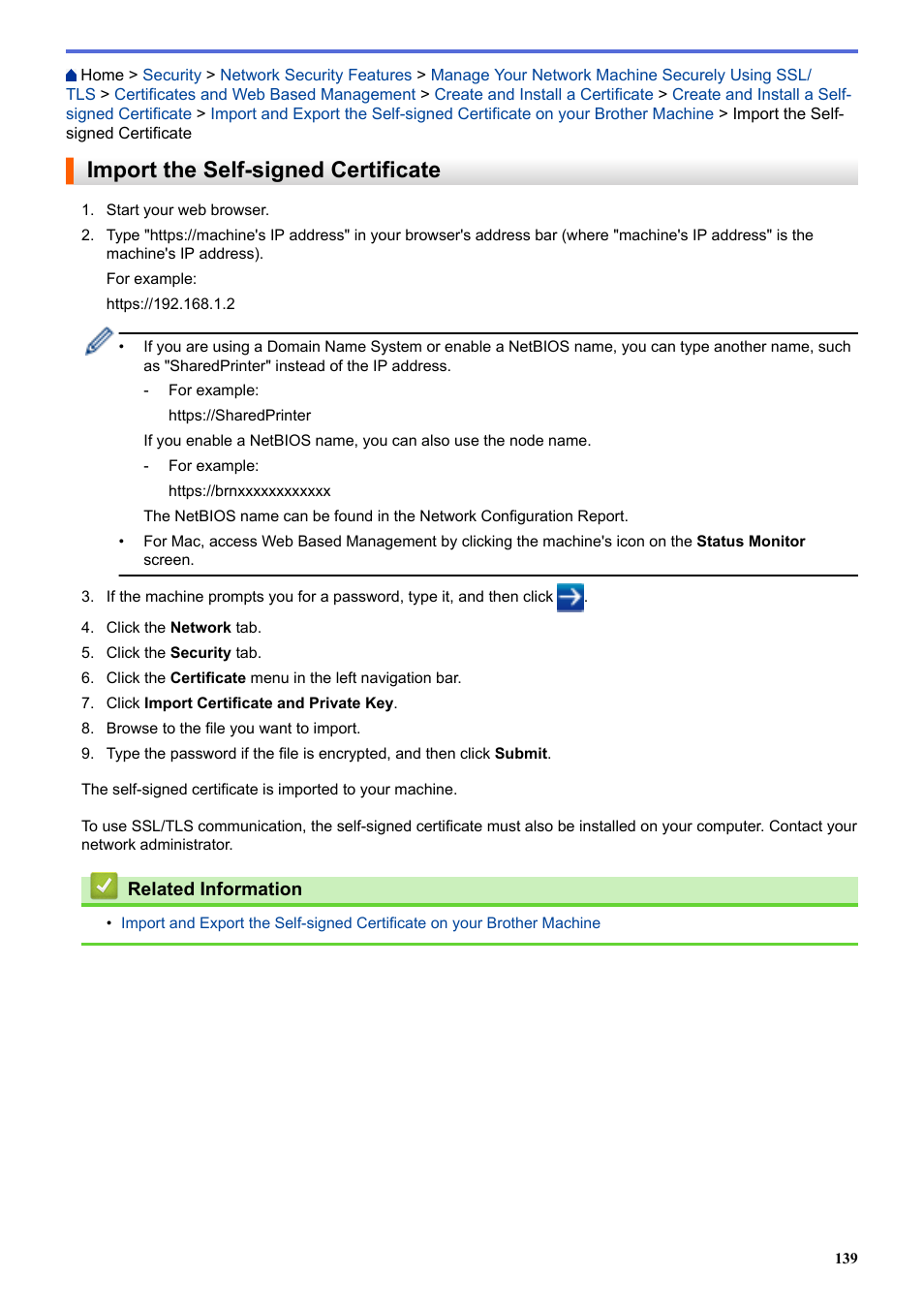 Import the self-signed certificate | Brother HL-L3230CDW Wireless Compact Printer User Manual | Page 144 / 357