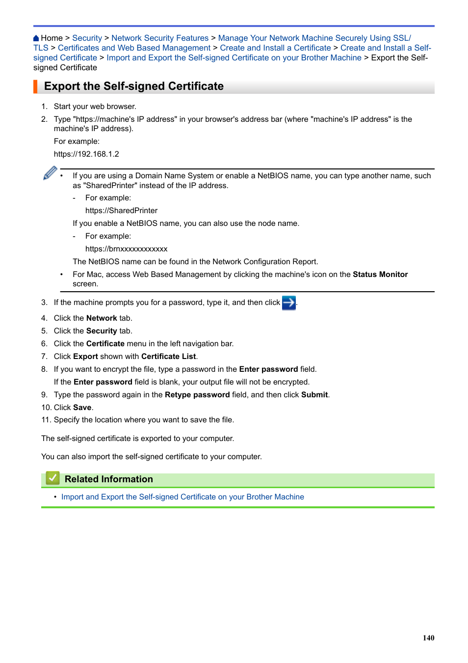 Export the self-signed certificate | Brother HL-L3230CDW Wireless Compact Printer User Manual | Page 145 / 357