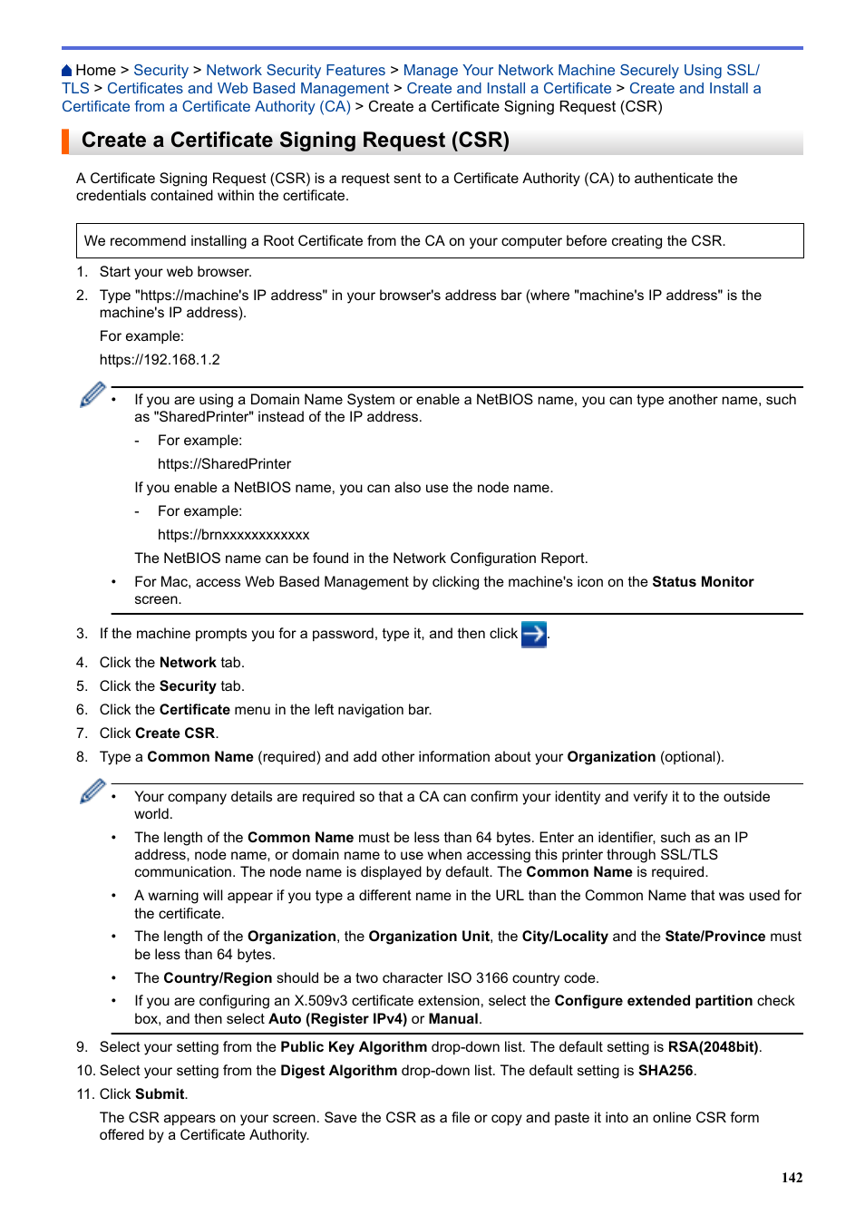 Create a certificate signing request (csr) | Brother HL-L3230CDW Wireless Compact Printer User Manual | Page 147 / 357