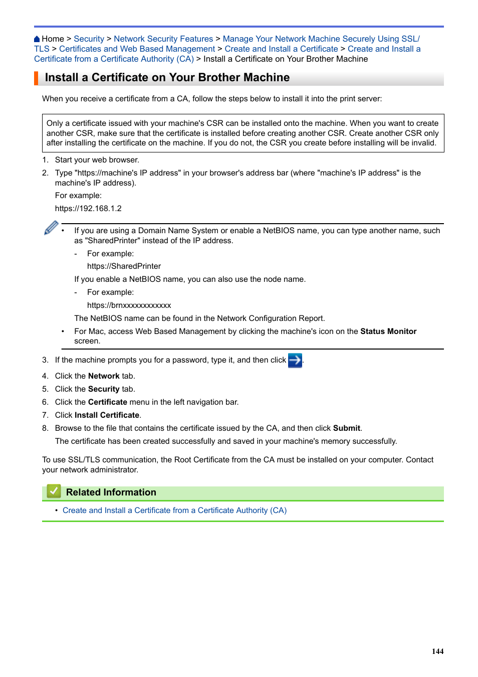 Install a certificate on your brother machine | Brother HL-L3230CDW Wireless Compact Printer User Manual | Page 149 / 357