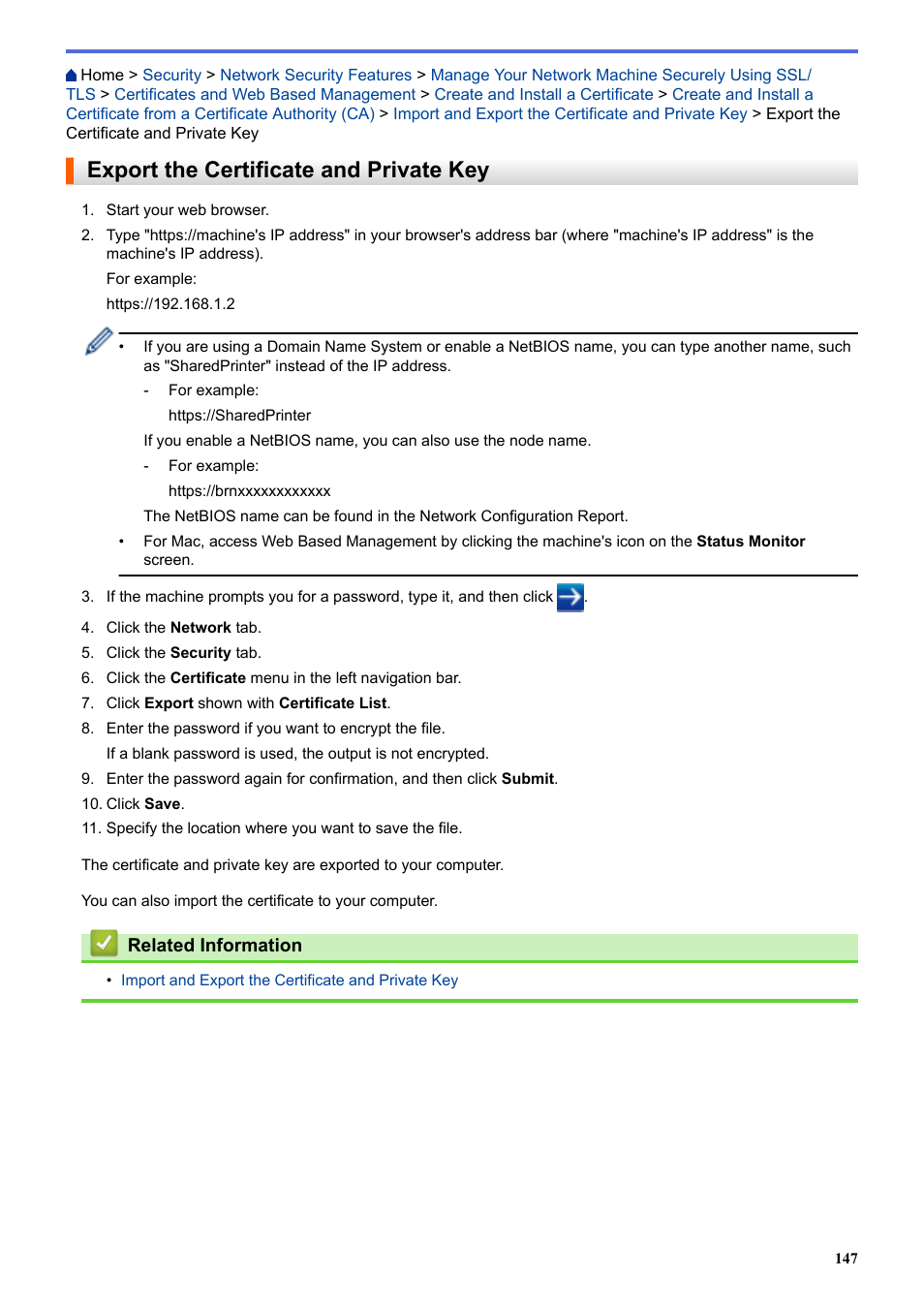 Export the certificate and private key | Brother HL-L3230CDW Wireless Compact Printer User Manual | Page 152 / 357