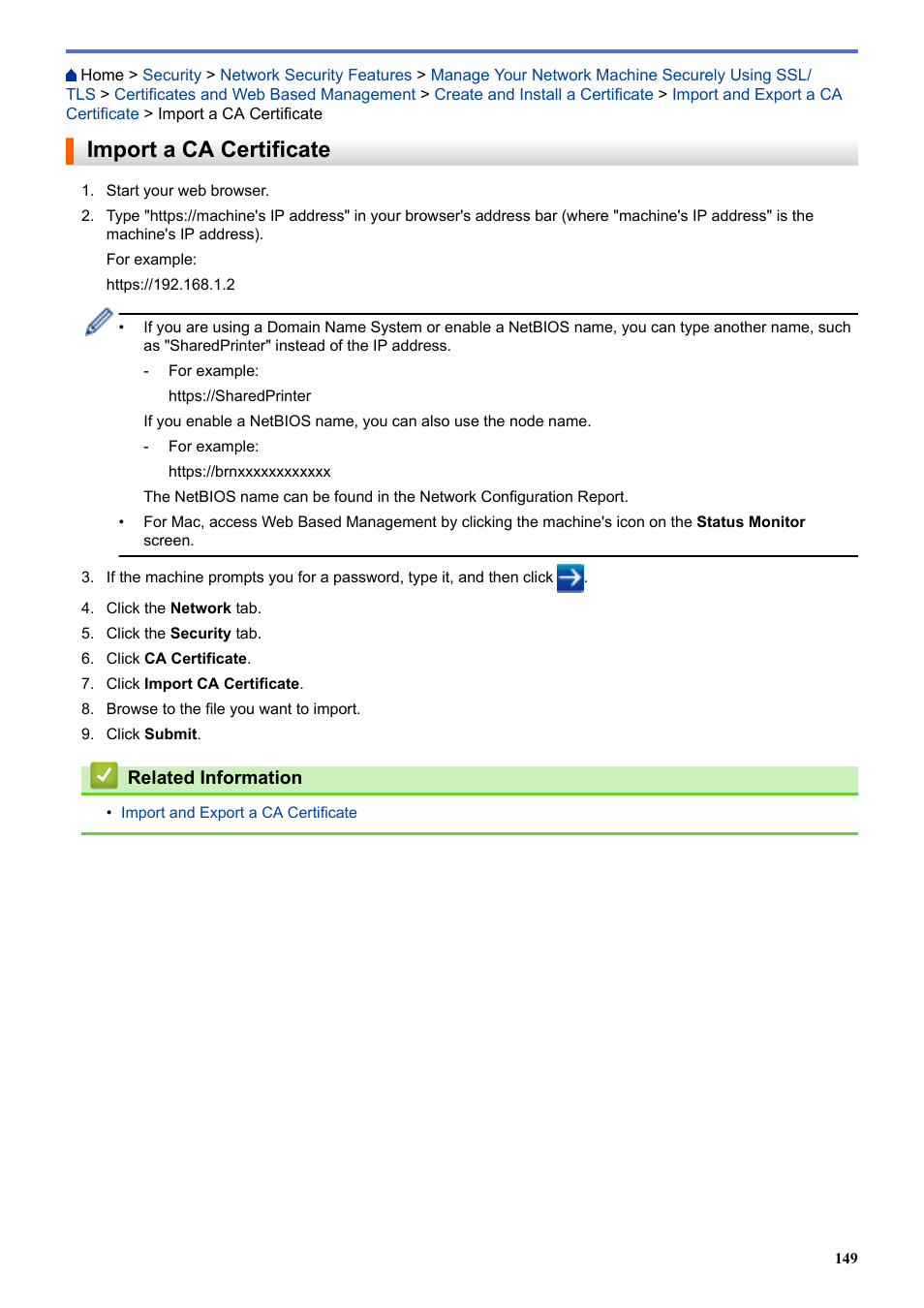 Import a ca certificate | Brother HL-L3230CDW Wireless Compact Printer User Manual | Page 154 / 357