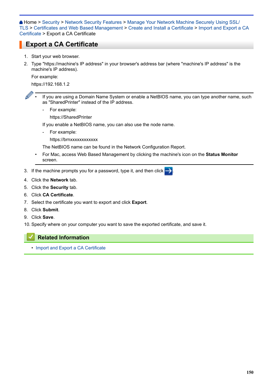 Export a ca certificate | Brother HL-L3230CDW Wireless Compact Printer User Manual | Page 155 / 357