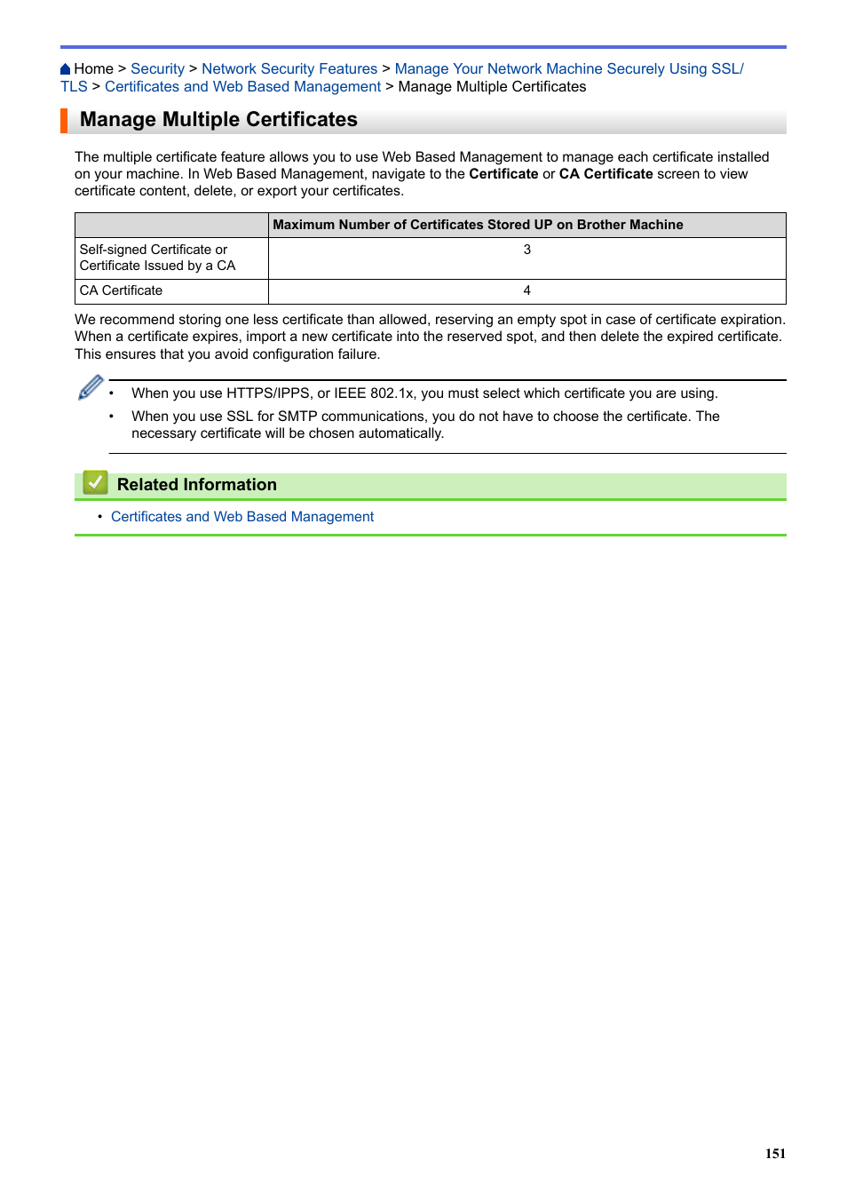 Manage multiple certificates | Brother HL-L3230CDW Wireless Compact Printer User Manual | Page 156 / 357