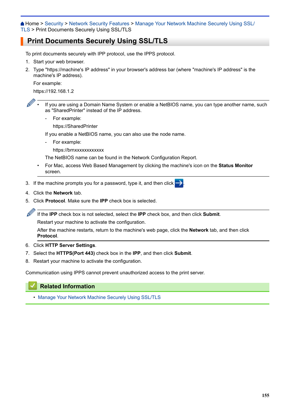 Print documents securely using ssl/tls | Brother HL-L3230CDW Wireless Compact Printer User Manual | Page 160 / 357