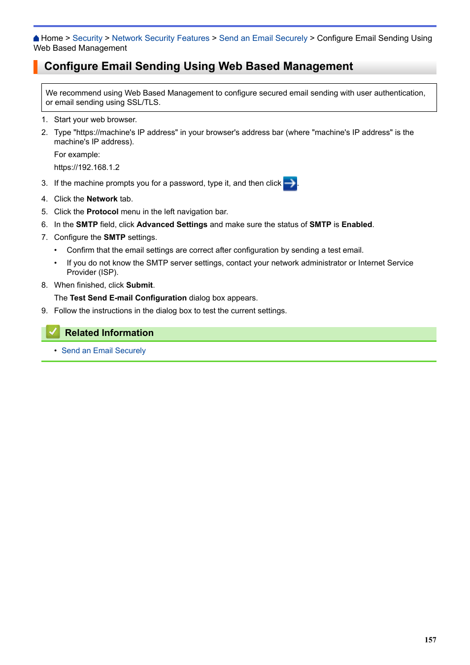 Configure email sending using web based management | Brother HL-L3230CDW Wireless Compact Printer User Manual | Page 162 / 357