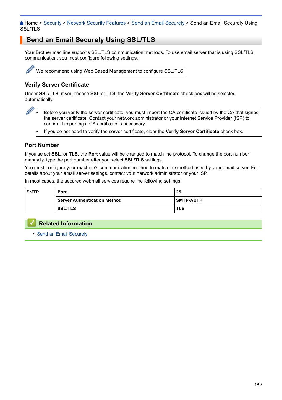 Send an email securely using ssl/tls | Brother HL-L3230CDW Wireless Compact Printer User Manual | Page 164 / 357