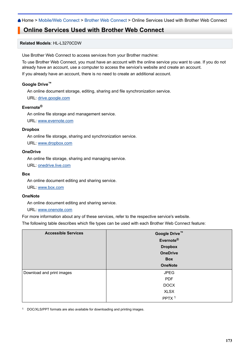 Online services used with brother web connect | Brother HL-L3230CDW Wireless Compact Printer User Manual | Page 178 / 357