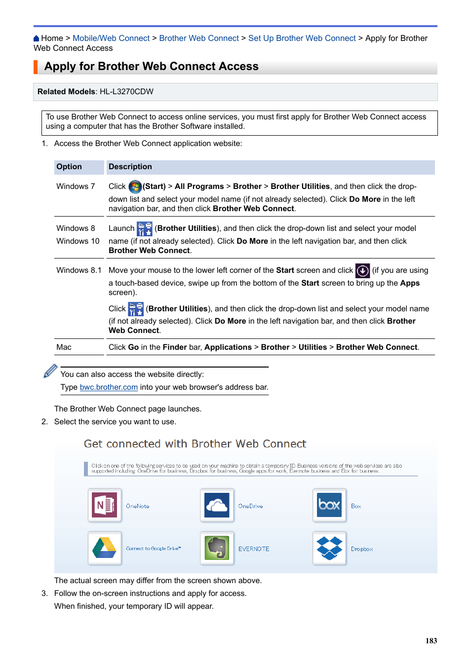 Apply for brother web connect access | Brother HL-L3230CDW Wireless Compact Printer User Manual | Page 188 / 357