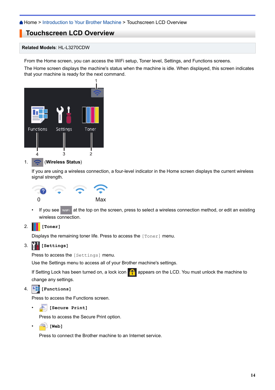 Touchscreen lcd overview, 0max | Brother HL-L3230CDW Wireless Compact Printer User Manual | Page 19 / 357