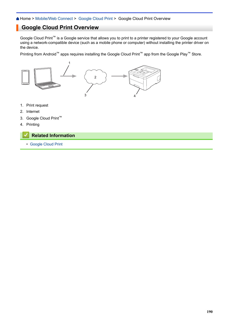 Google cloud print overview, Related information | Brother HL-L3230CDW Wireless Compact Printer User Manual | Page 195 / 357