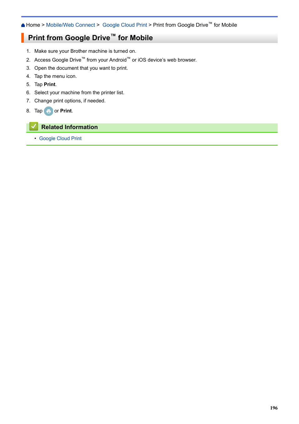 Print from google drive™ for mobile, Print from google drive, For mobile | Brother HL-L3230CDW Wireless Compact Printer User Manual | Page 201 / 357