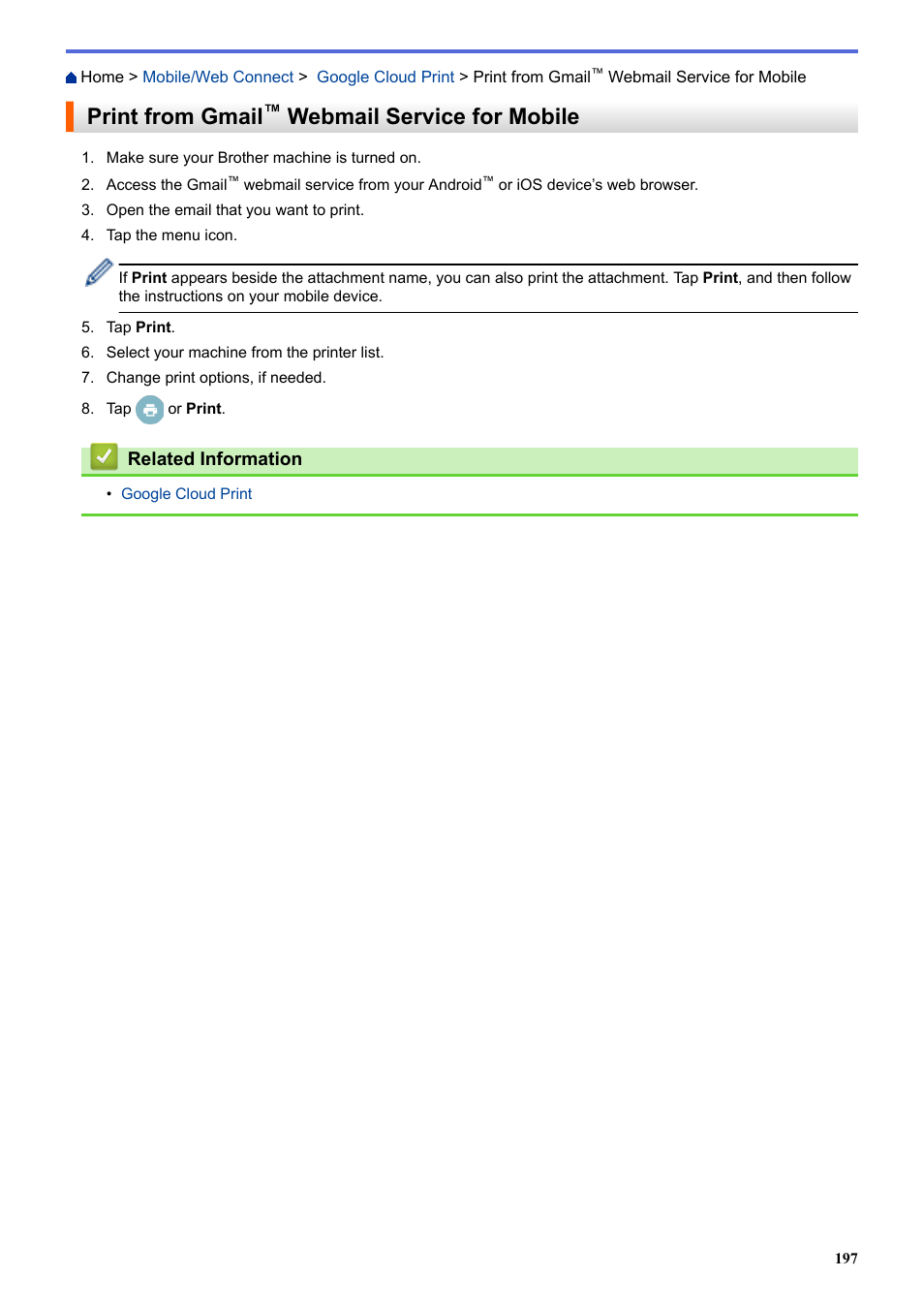 Print from gmail™ webmail service for mobile, Print from gmail, Webmail service for mobile | Brother HL-L3230CDW Wireless Compact Printer User Manual | Page 202 / 357