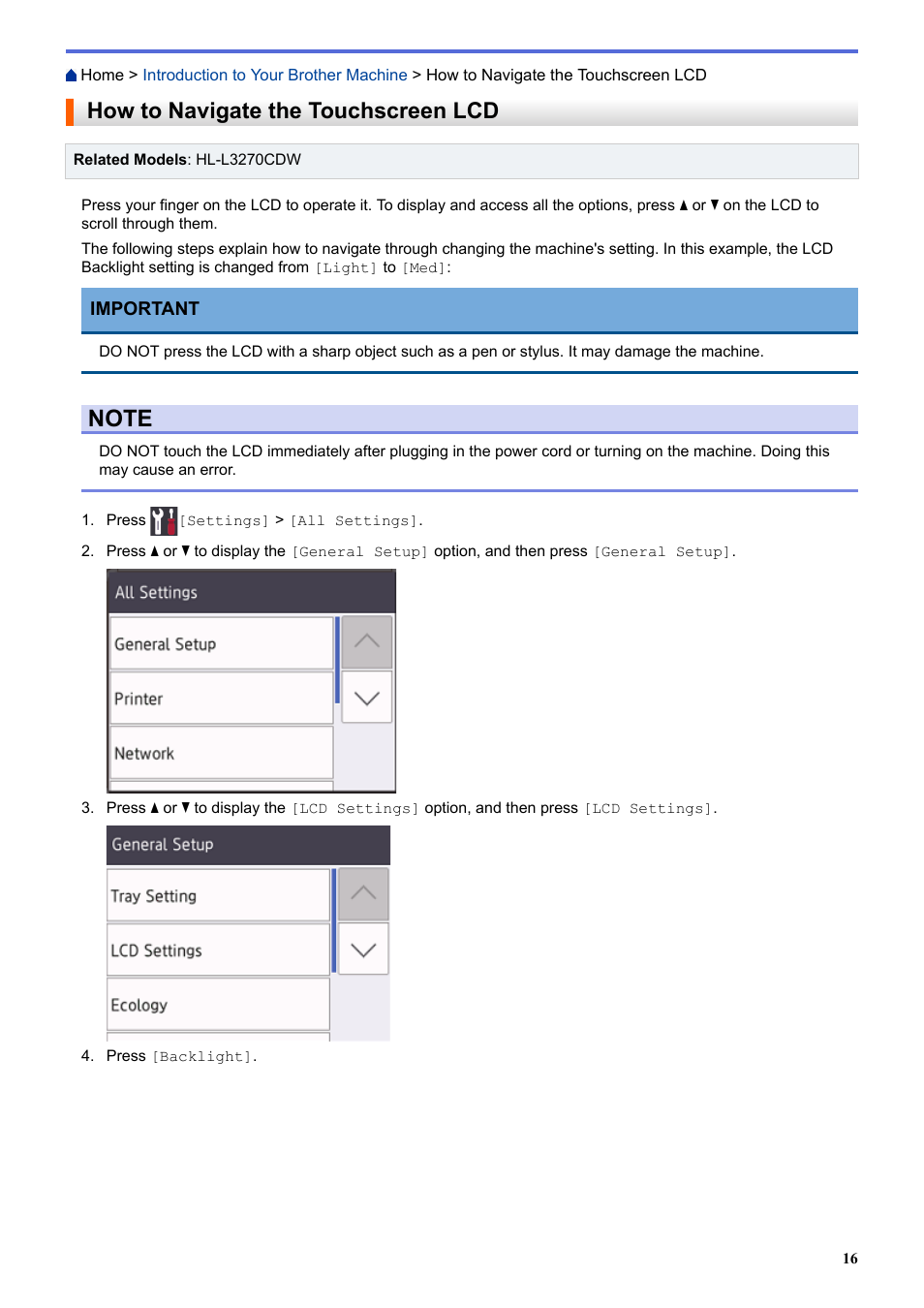 How to navigate the touchscreen lcd | Brother HL-L3230CDW Wireless Compact Printer User Manual | Page 21 / 357