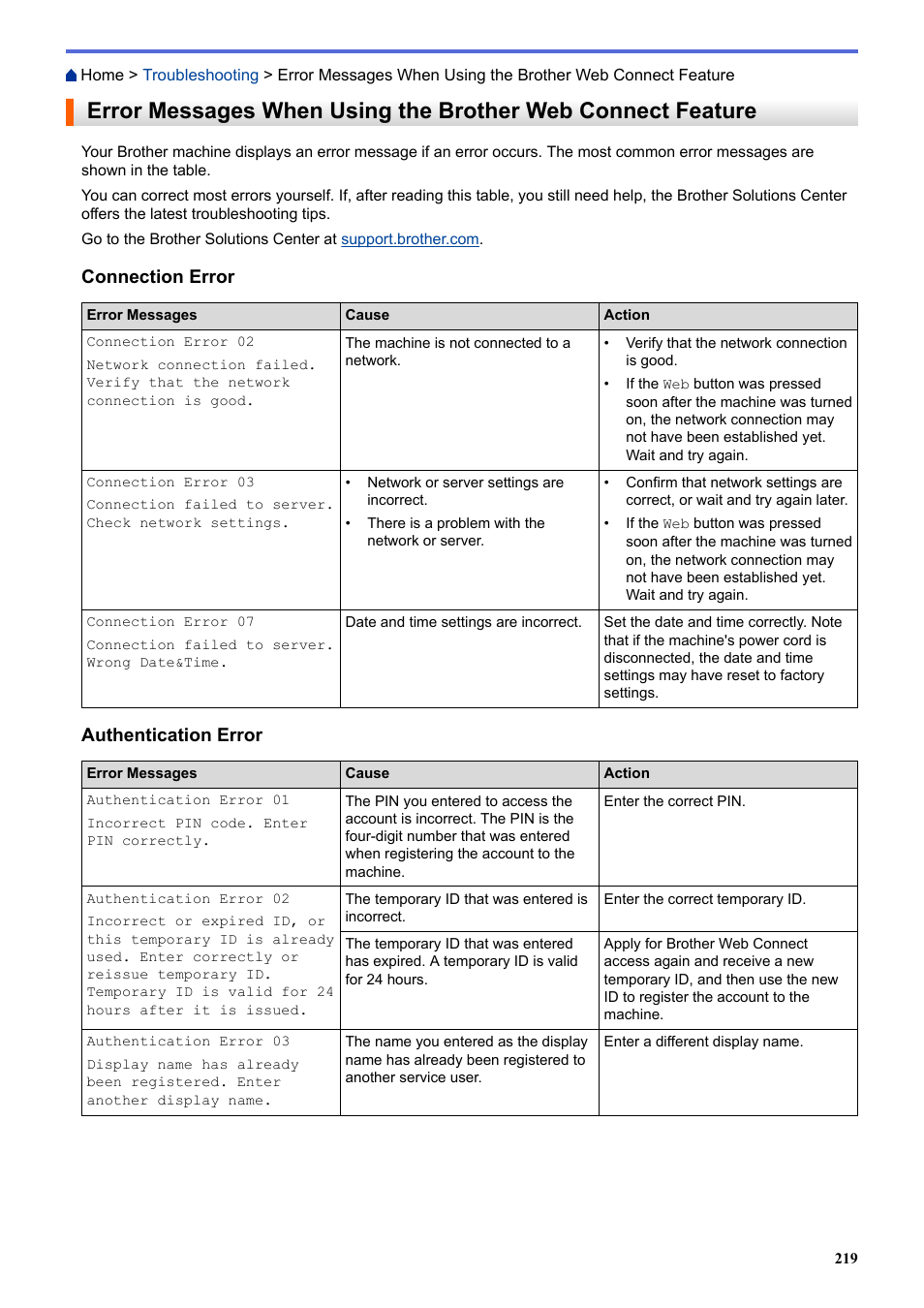 Connection error, Authentication error | Brother HL-L3230CDW Wireless Compact Printer User Manual | Page 224 / 357