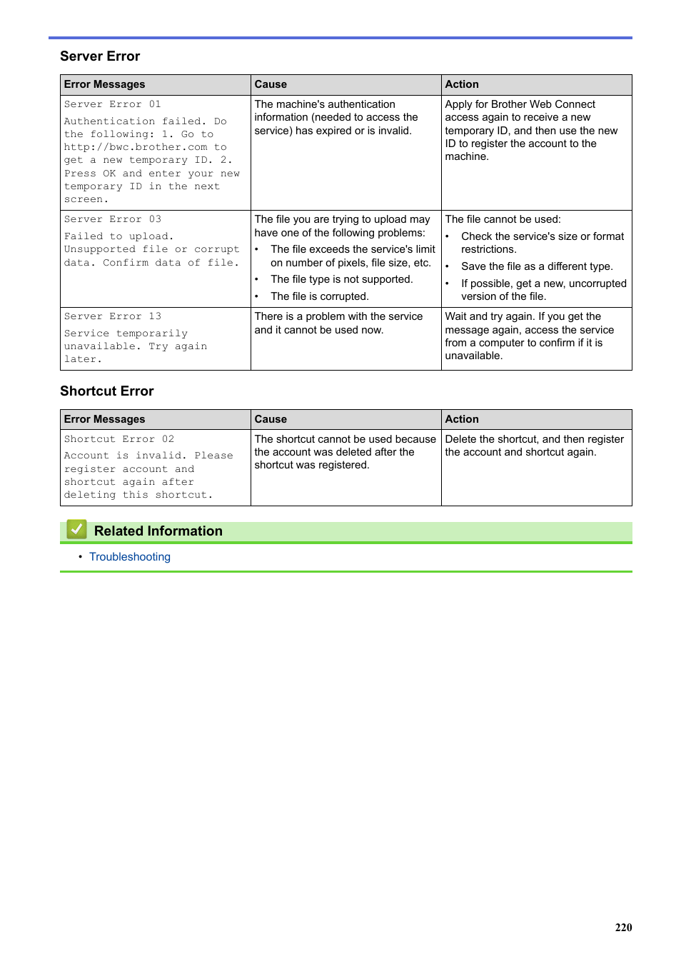 Server error, Shortcut error, Related information | Brother HL-L3230CDW Wireless Compact Printer User Manual | Page 225 / 357