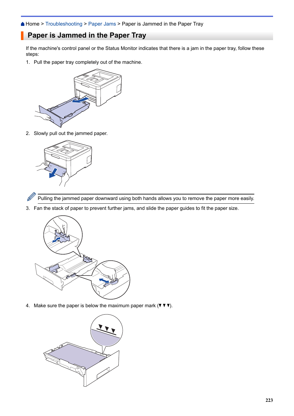 Paper is jammed in the paper tray | Brother HL-L3230CDW Wireless Compact Printer User Manual | Page 228 / 357