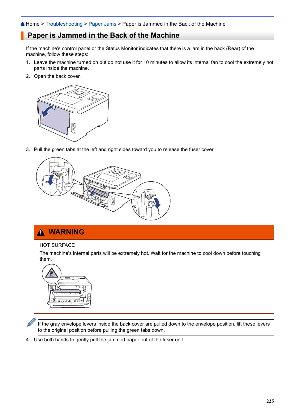 Paper is jammed in the back of the machine, Warning | Brother HL-L3230CDW Wireless Compact Printer User Manual | Page 230 / 357