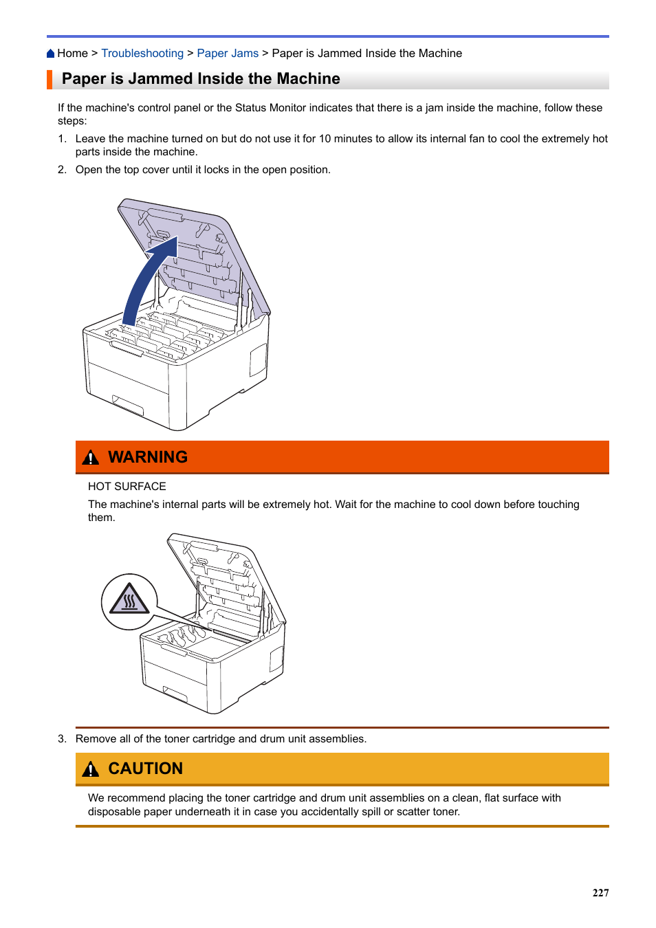 Paper is jammed inside the machine, Warning, Caution | Brother HL-L3230CDW Wireless Compact Printer User Manual | Page 232 / 357