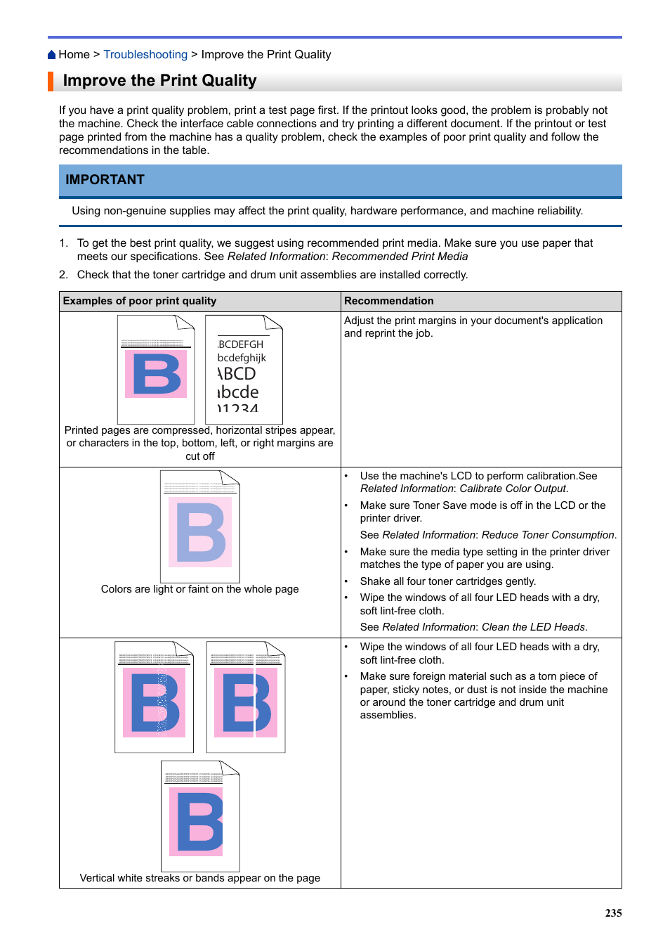 Improve the print quality, Important | Brother HL-L3230CDW Wireless Compact Printer User Manual | Page 240 / 357